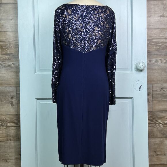 Lauren Ralph Lauren Blue Sequin Cocktail Dress Sheath Long Sleeve Ruched Skirt L - Picture 8 of 16